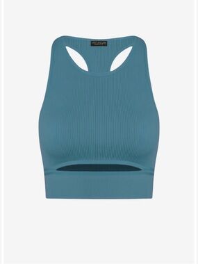 MetaLux Ribbed Cutout Racerback Crop Top - Grey/Teal (Size: One Size)